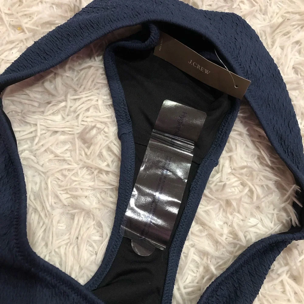 J Crew Textured Curved Waist Cheeky Bikini Bottom BC050 Navy Blue‎